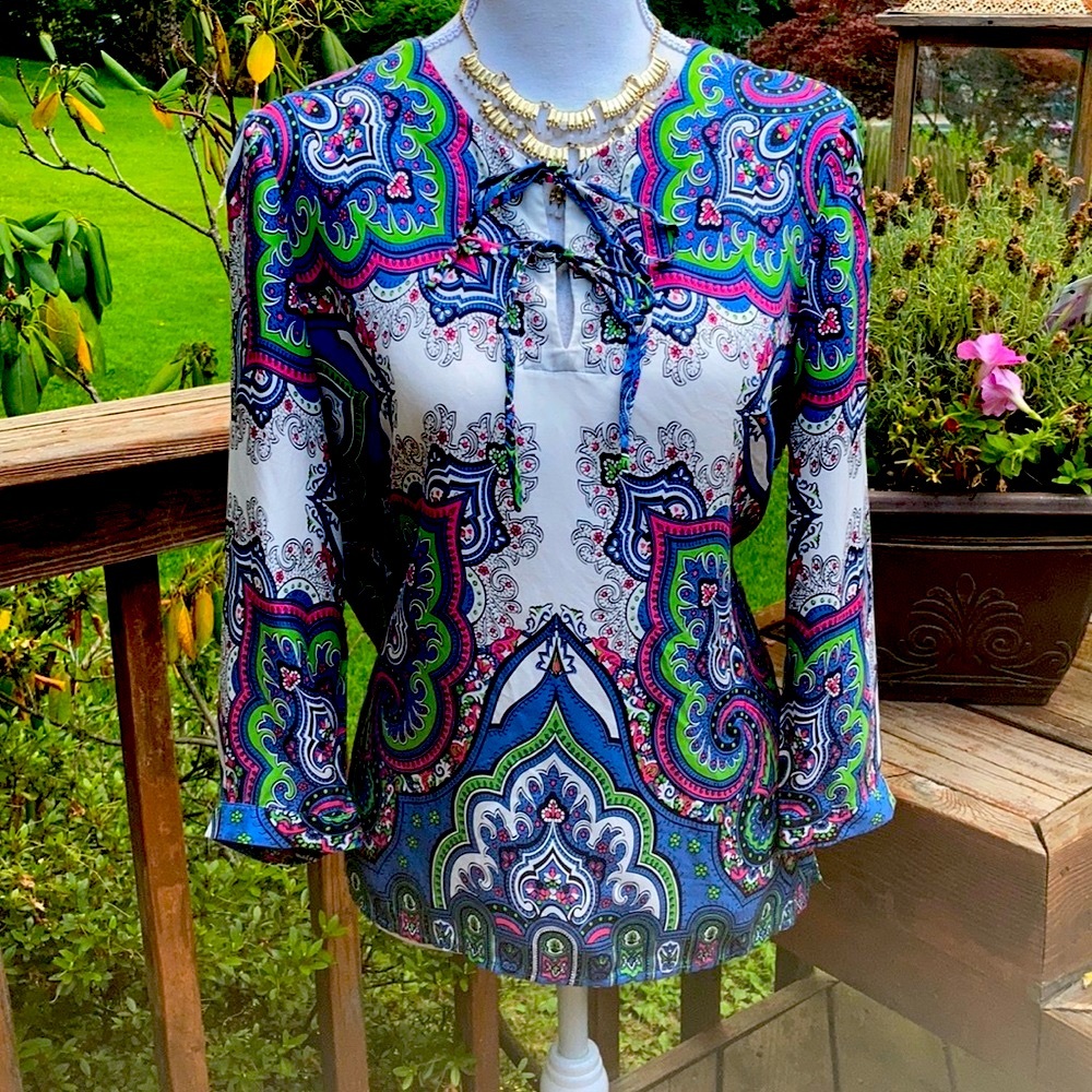 Talbots SILK Paisley Double Tie Popover Top Cottagecore Resort Boho Luxury EUC